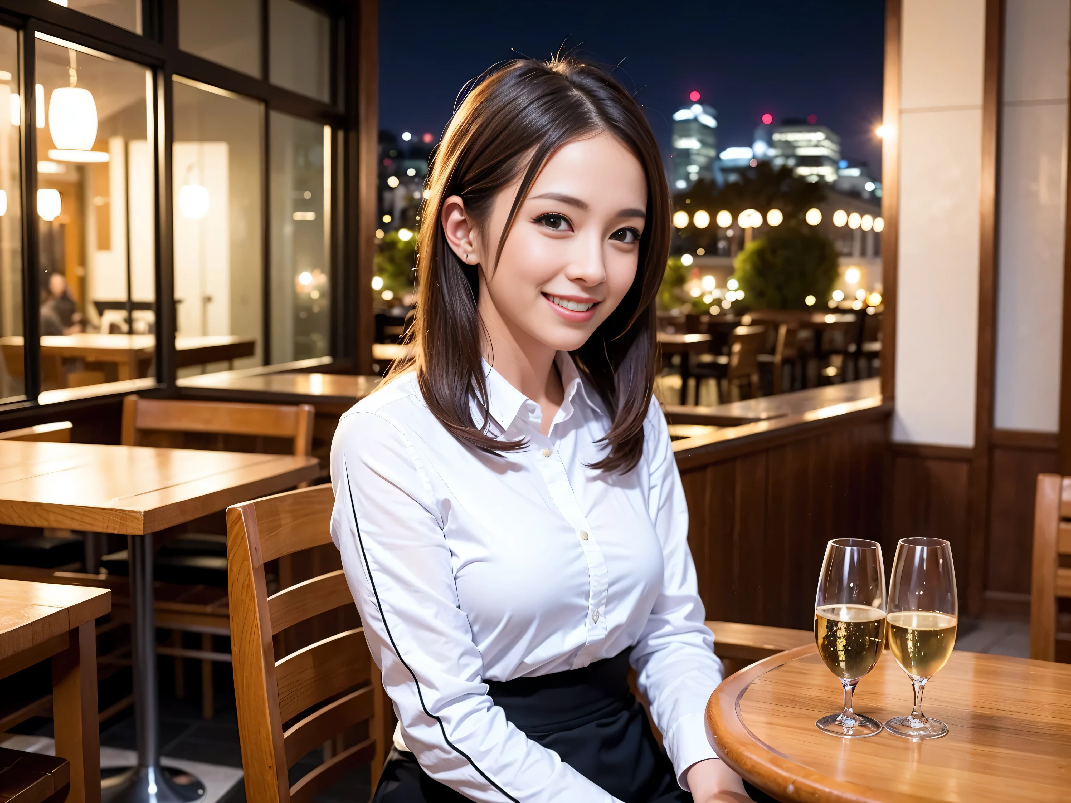 64k, UHD, highest quality, masterpiece: 1.2), (realistic, photorealistic: 1.37), Super detailed, slimな美女3名, (slimフェイス),Happy、 最高なsmile、Fox Face、Berry Short、(because I'thin), (brown hair), (shortcut), long sleeve shirt、winter fashion、Colombia、Brazilian、Japanese、Dutch、German、Portuguese、Belgian、Italian、french,champagne、Sparkling wine、 (gush), (slimボティ), (brown hair), (shortcut), Neat beauty、cheeks blush a little, (35 years old), 38 years old, alone, A beautiful and detailed night view spreads out outside the window..., restaurant, wine glassが座っている, At night, in a prominent place (from the Upper body) nova frog style, actress, model, Upper body, White wine, slim, wine glass, very beautiful night view, wine glass Put in the Middle, Happy smile, (smile: 1.15),