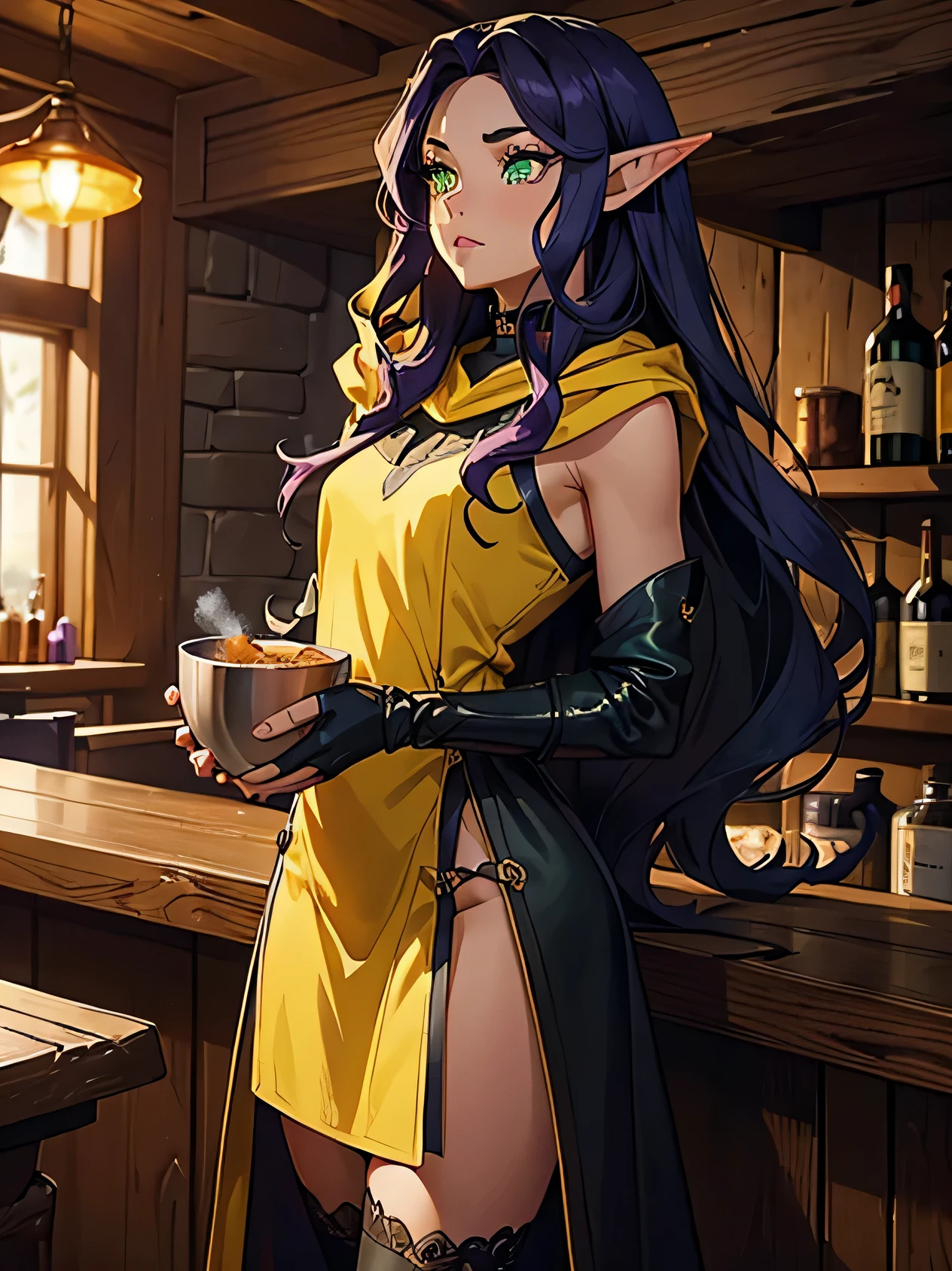 masterpiece, high quality, (1_women), alone, (full body), (exotic skin_complexion), mature, standing, tall, beautiful, exotic, with long elf ears, (looking away from the camera), sad face, hands on hips, wearing (((yellow))) hooded cloak), hood down, yellow cloak, sleeveless, black choker, (thigh highs) with purple embroidery, long fingerless leather gloves, ((small breast)), black dress, bright purple hair, long hair, wavy hair, realistic and detailed face having (((green_eyes)), dark_eyeliner, long_eyelashes), natural dynamic lighting casts detailed shadows, knee high dark brown boots, at a tavern bar, rustic tavern, bowl of soup on bar counter, stone fireplace, fire, evening, twilight hour, sun setting,