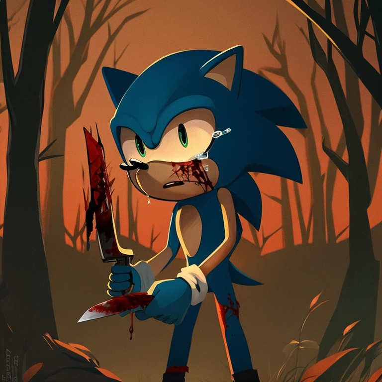 Sonic the Hedgehog, boy, holding a knife, blood, in the woods, tears, night, horror.