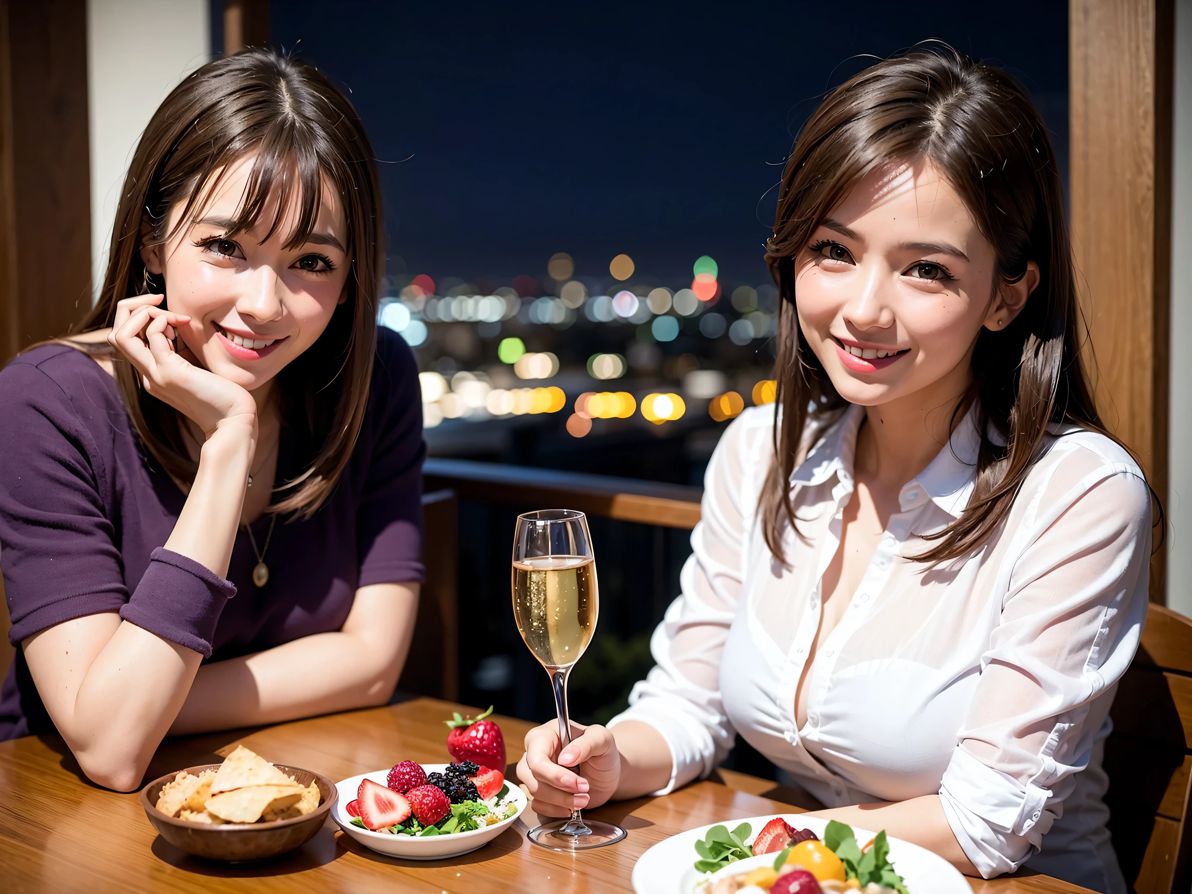 64k, UHD, highest quality, masterpiece: 1.2), (realistic, photorealistic: 1.37), Super detailed, slimな美女3名, (slimフェイス),Happy、 最高なsmile、Fox Face、Berry Short、(because I'thin), (brown hair), (shortcut), long sleeve shirt、winter fashion、Colombia、Brazilian、Japanese、Dutch、German、Portuguese、Belgian、Italian、french,champagne、Sparkling wine、 (gush), (slimボティ), (brown hair), (shortcut), Neat beauty、cheeks blush a little, (35 years old), 38 years old, alone, A beautiful and detailed night view spreads out outside the window..., restaurant, wine glassが座っている, At night, in a prominent place (from the Upper body) nova frog style, actress, model, Upper body, White wine, slim, wine glass, very beautiful night view, wine glass Put in the Middle, Happy smile, (smile: 1.15),