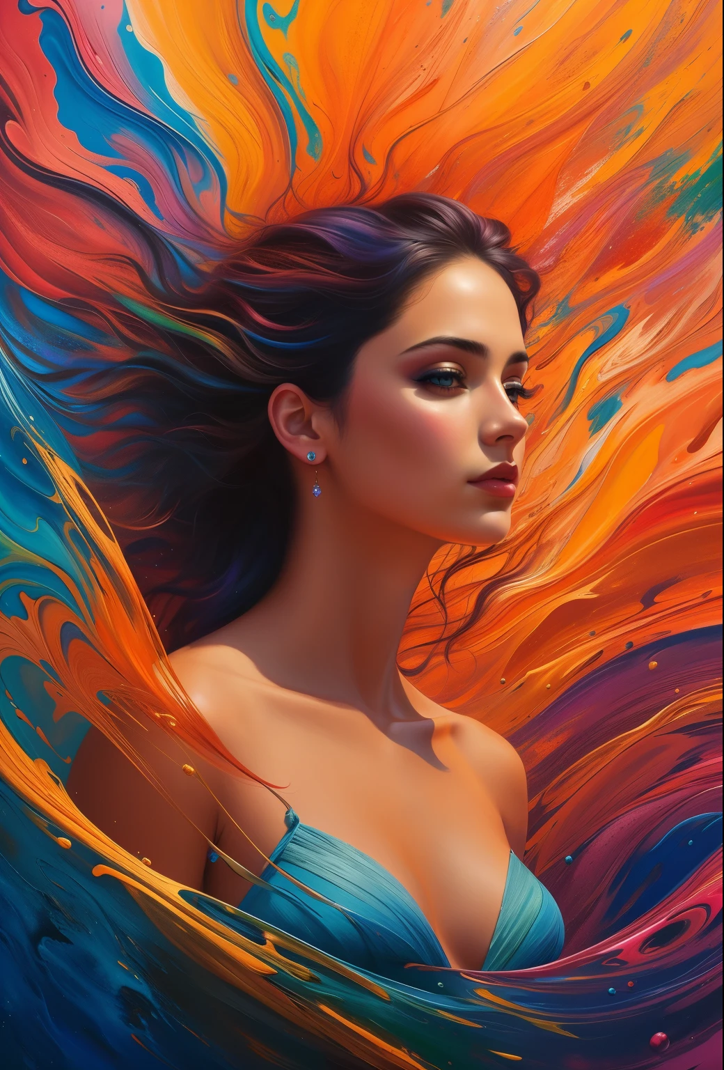 una pintura de una mujer con cabello colorido y cabello suelto, hermoso arte uhd 4k, Beautiful acrylic fluid portrait, colores vibrantes hiper realismo, Intricate and intense oil painting, pintura digital vibrante, arte de alessandro pautasso, hermosa obra de arte digital, Cara sumergida en aceites coloridos, pintura detallada 4k, Colorful Digital Fantasy Art, 4K oil painting