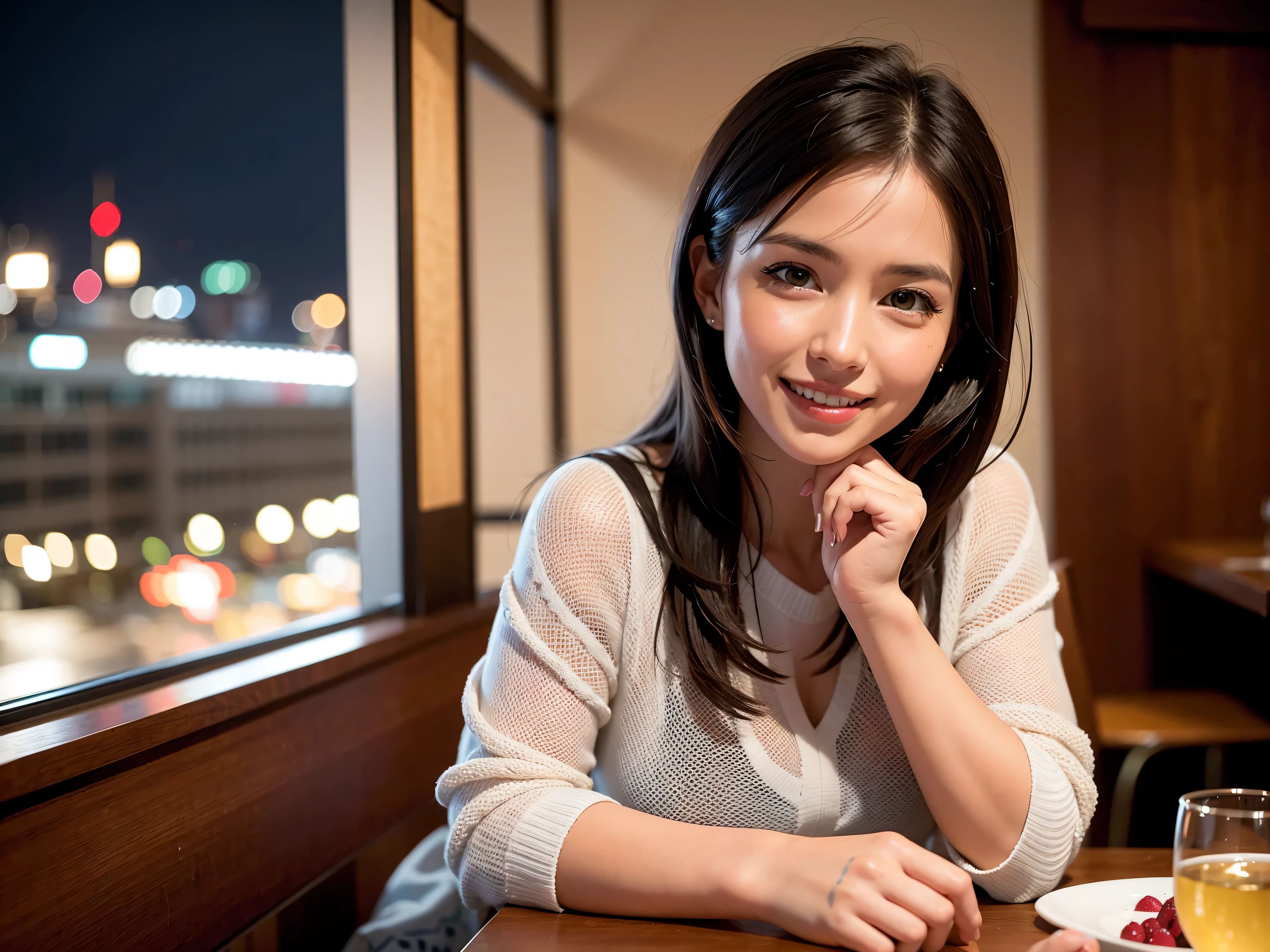 64k, UHD, highest quality, masterpiece: 1.2), (realistic, photorealistic: 1.37), Super detailed, slimな美女3名, (slimフェイス),Happy、 最高なsmile、Fox Face、Berry Short、(because I'thin), (brown hair), (shortcut), long sleeve shirt、winter fashion、Colombia、Brazilian、Japanese、Dutch、German、Portuguese、Belgian、Italian、french,champagne、Sparkling wine、 (gush), (slimボティ), (brown hair), (shortcut), Neat beauty、cheeks blush a little, (35 years old), 38 years old, alone, A beautiful and detailed night view spreads out outside the window..., restaurant, wine glassが座っている, At night, in a prominent place (from the Upper body) nova frog style, actress, model, Upper body, White wine, slim, wine glass, very beautiful night view, wine glass Put in the Middle, Happy smile, (smile: 1.15),