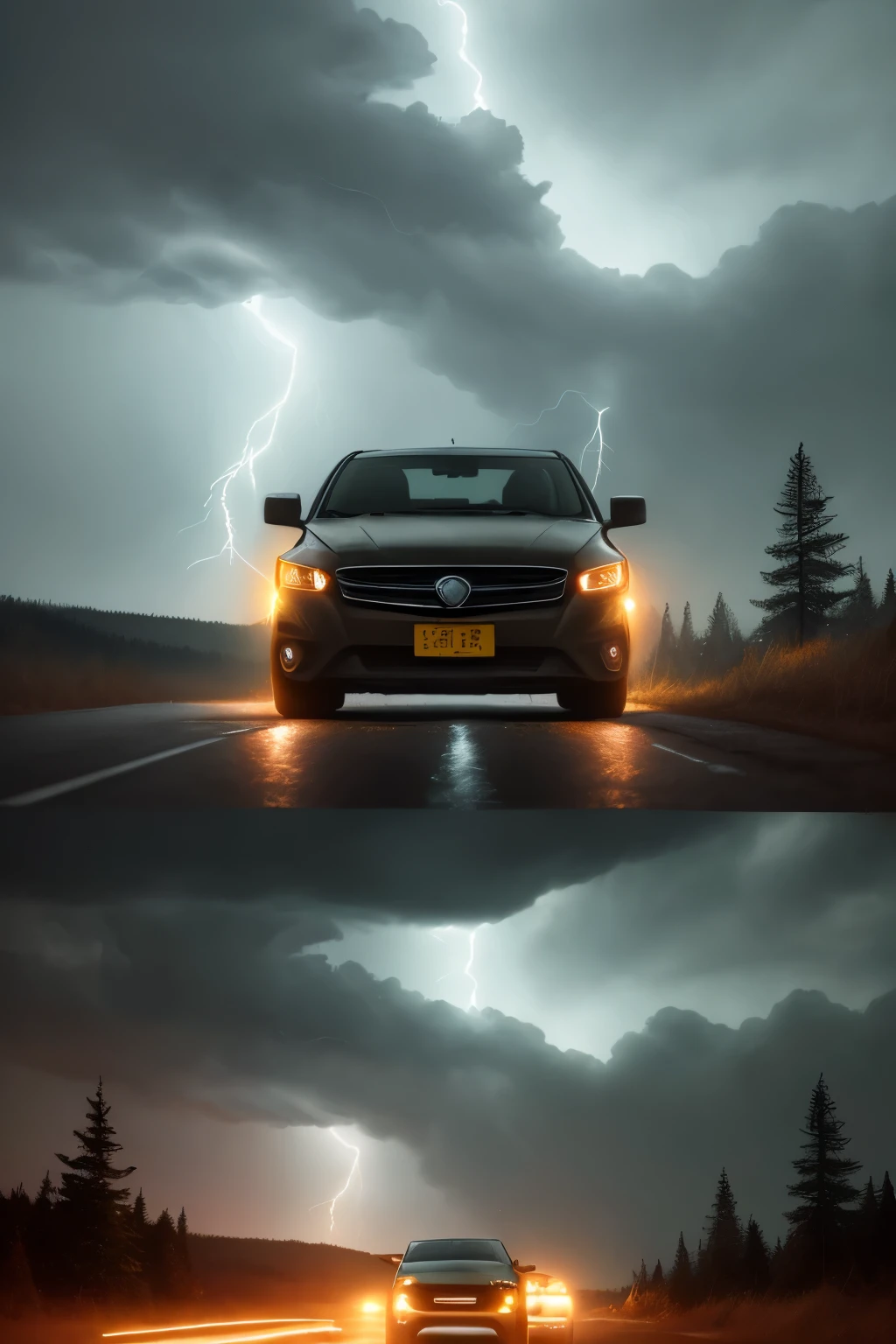 Amidst a sudden tempest, an automobile finds itself at a standstill as a colossal lightning bolt splits the tranquil night sky. The illuminating strike illuminates the surrounding woods, casting long, ominous shadows. A tree standing tall behind the vehicle is struck, its once sturdy trunk now split in two, obstructing the path forward. The air crackles with electricity, leaving the vehicle and its passengers in a state of shocked silence as they wait for the storm to pass.