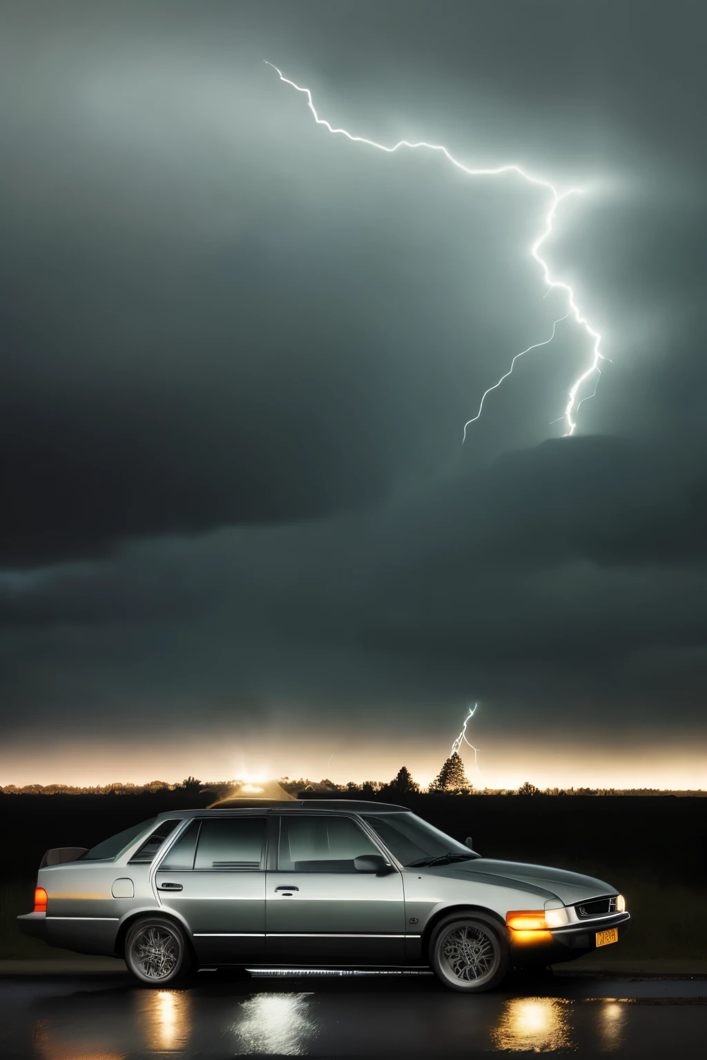 Amidst a sudden tempest, an automobile finds itself at a standstill as a colossal lightning bolt splits the tranquil night sky. The illuminating strike illuminates the surrounding woods, casting long, ominous shadows. A tree standing tall behind the vehicle is struck, its once sturdy trunk now split in two, obstructing the path forward. The air crackles with electricity, leaving the vehicle and its passengers in a state of shocked silence as they wait for the storm to pass.