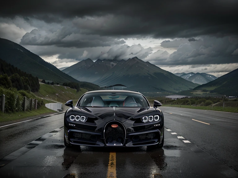 A Bugatti Chiron on a long drive ,dark cloud, heavy rain , realistic, detailed,between two mountains dark cloud wether,