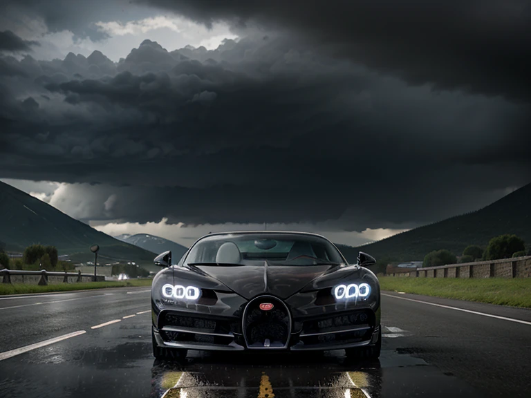 A Bugatti Chiron on a long drive ,dark cloud, heavy rain , realistic, detailed,between two mountains dark cloud wether,