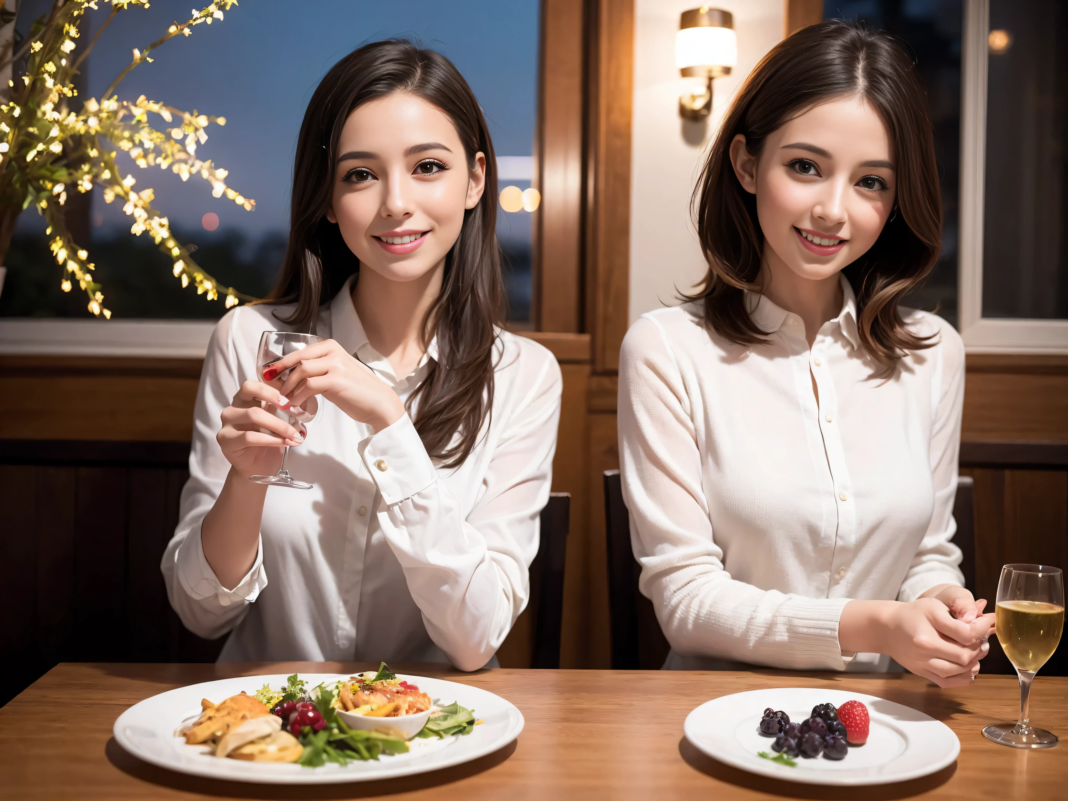 64k, UHD, highest quality, masterpiece: 1.2), (realistic, photorealistic: 1.37), Super detailed, slimな美女3名, (slimフェイス),Happy、 最高なsmile、Fox Face、Berry Short、(because I'thin), (brown hair), (shortcut), long sleeve shirt、winter fashion、Colombia、Brazilian、Japanese、Dutch、German、Portuguese、Belgian、Italian、french,champagne、Sparkling wine、 (gush), (slimボティ), (brown hair), (shortcut), Neat beauty、cheeks blush a little, (35 years old), 38 years old, alone, A beautiful and detailed night view spreads out outside the window..., restaurant, wine glassが座っている, At night, in a prominent place (from the Upper body) nova frog style, actress, model, Upper body, White wine, slim, wine glass, very beautiful night view, wine glass Put in the Middle, Happy smile, (smile: 1.15),