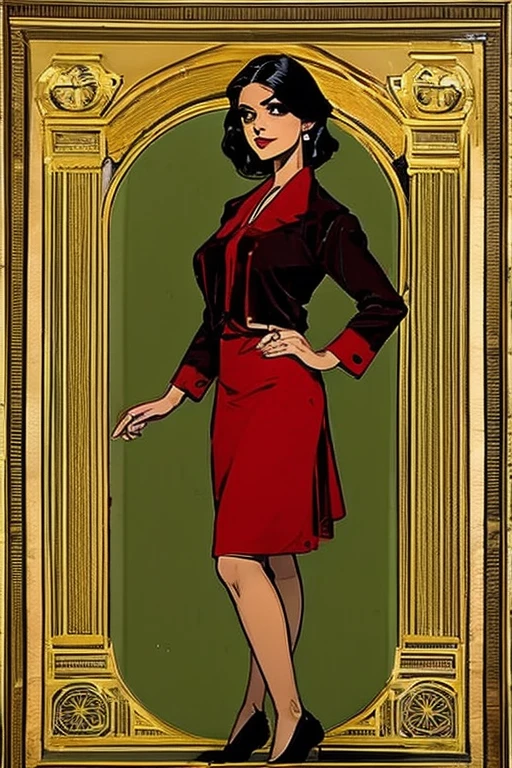 Female, 1920s brown skirt, tan jacket, red scarf, dress, 5 foot 5 inches tall, slim body build, waist-length wavy brunette black hair, EYES bright green, 28 age, ethnicity Indian, ethnicity Middle Eastern.