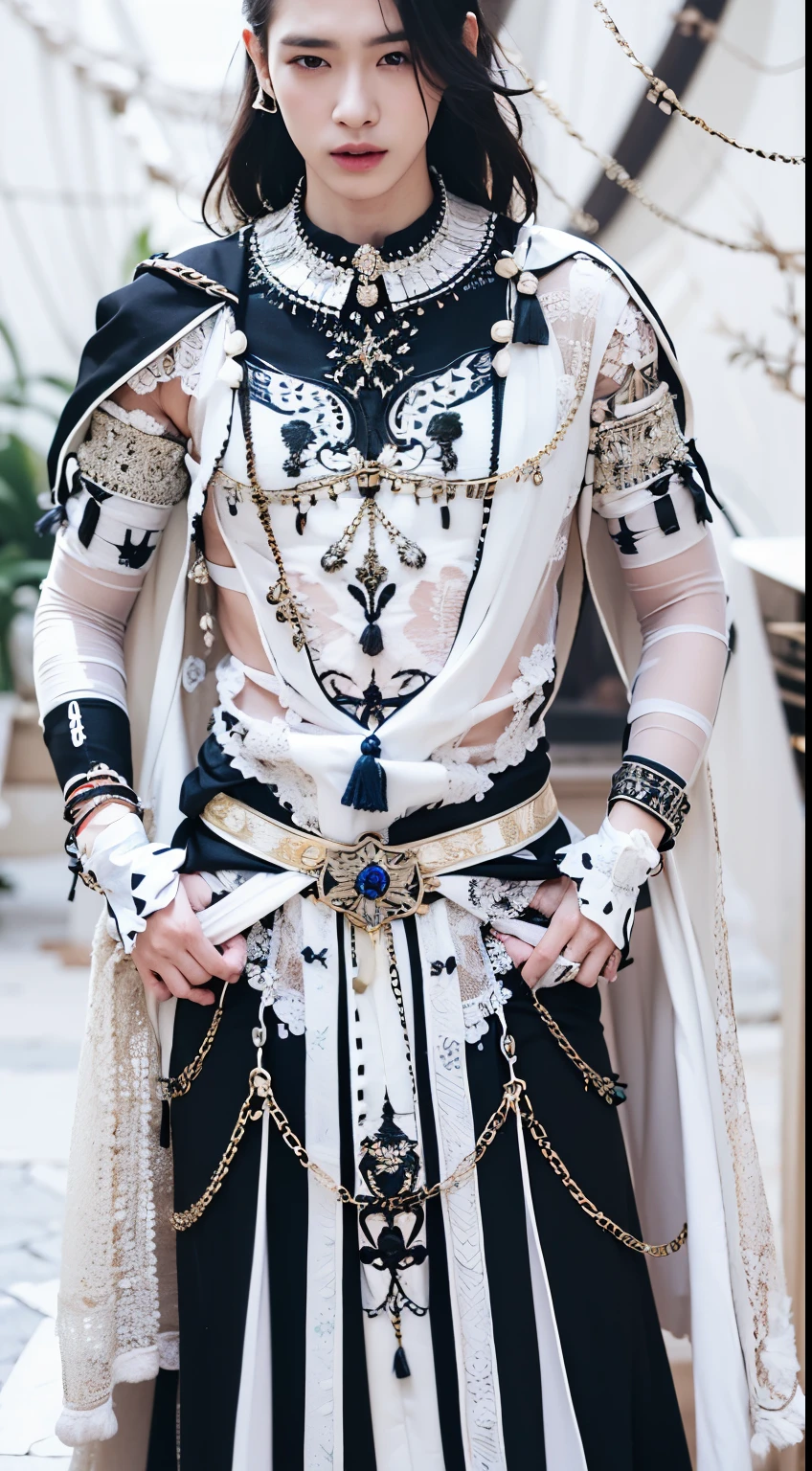 handsome man in black tribal robe, with chains,realistic, same face