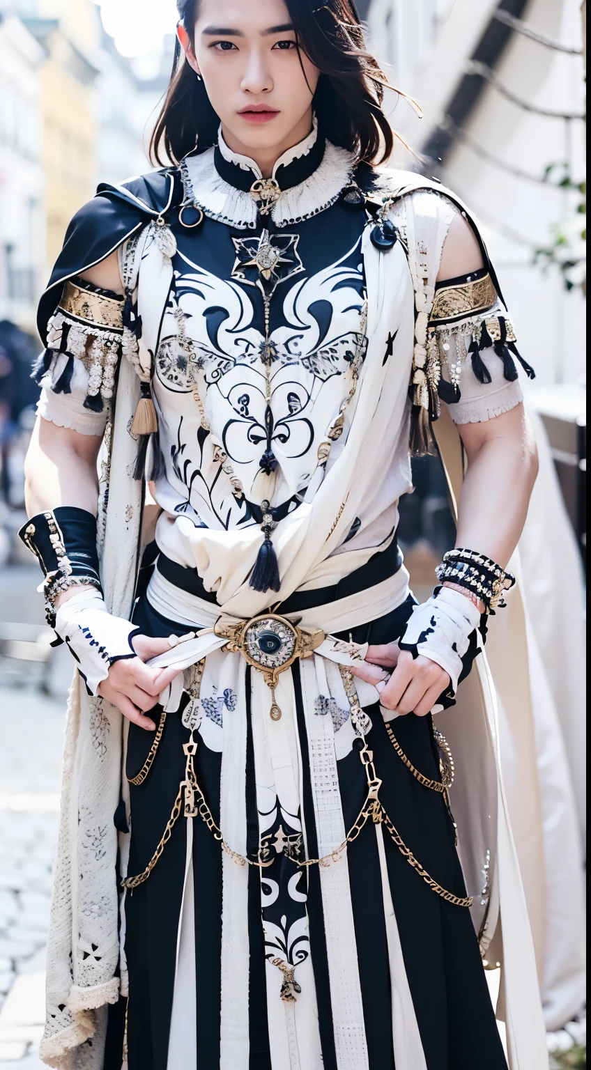 handsome man in black tribal robe, with chains,realistic, same face