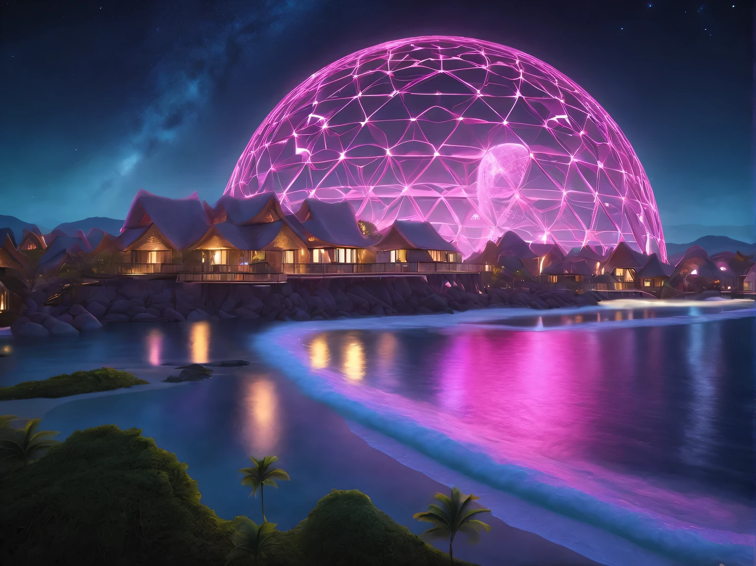 scene from a holiday romance on the shore of an alien pink ocean, in the background is an alien eco-friendly resort town under an energy dome, stars are visible in the dark sky behind the dome