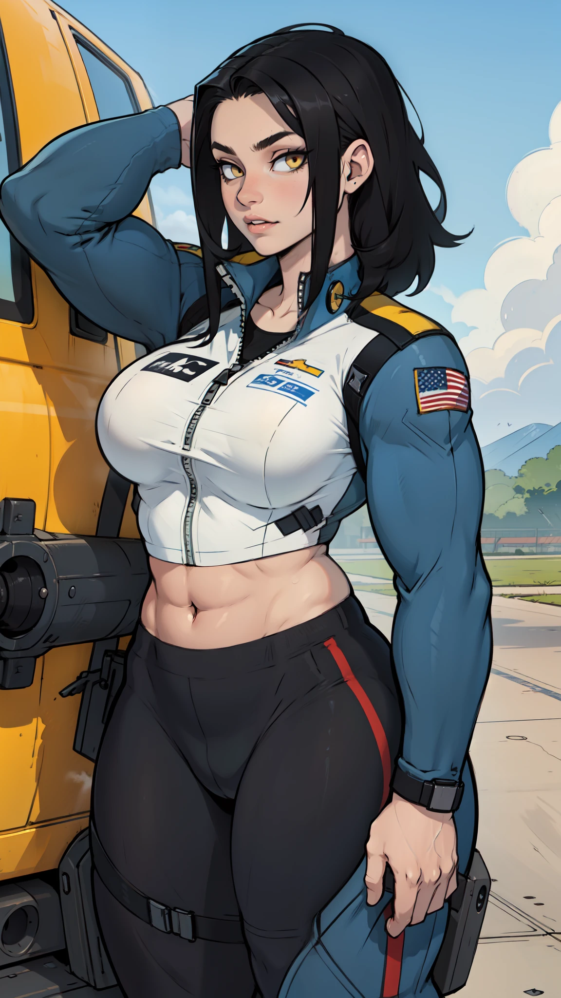 (fighter jet pilot) black hair yellow eyes pale skin girl muscular large breasts