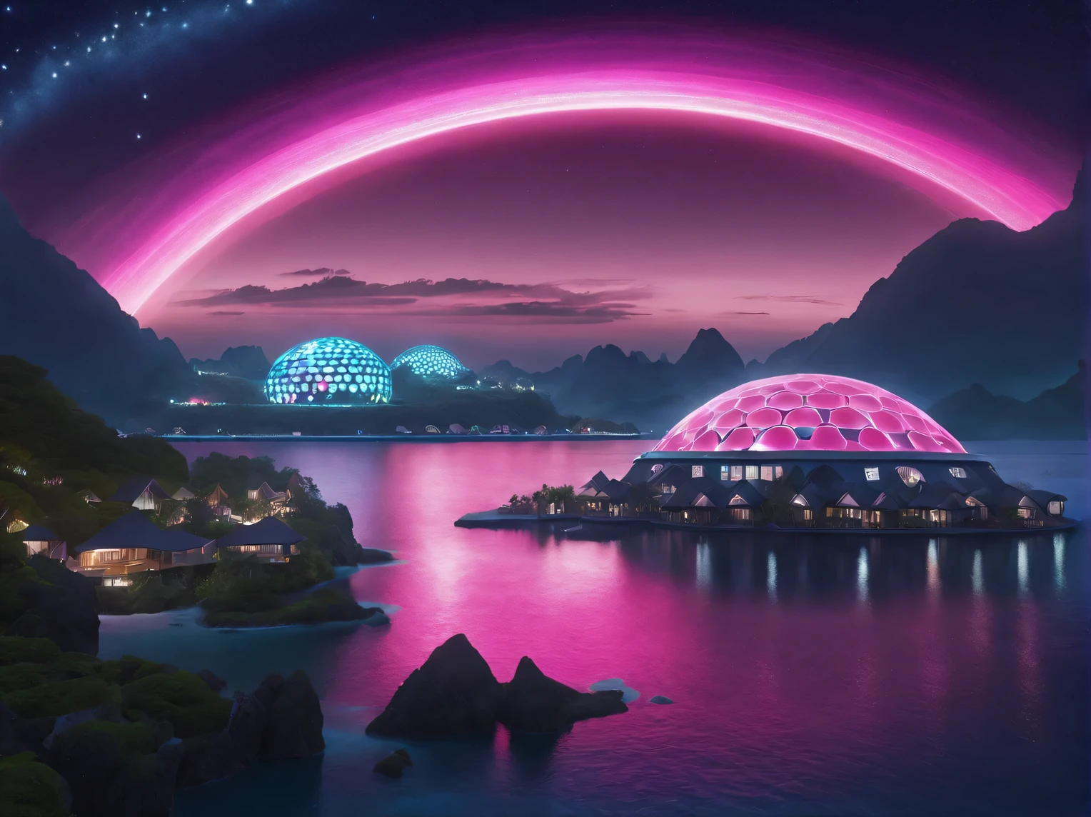 scene from a holiday romance on the shore of an alien pink ocean, in the background is an alien eco-friendly resort town under an energy dome, stars are visible in the dark sky behind the dome