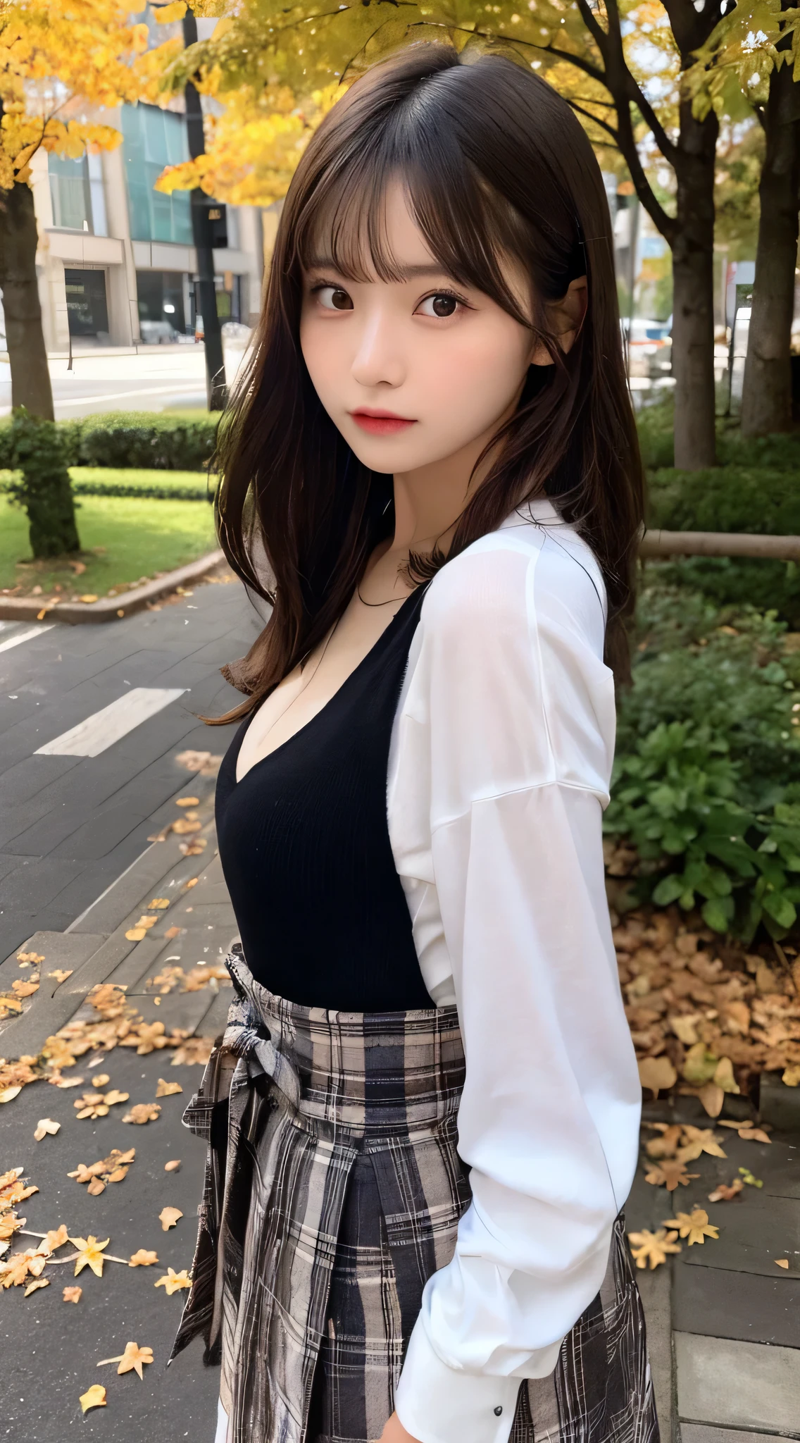 table top, highest quality, shape, Super detailed, finely, High resolution, 8k wallpaper, 完璧なダイナミックな構shape, beautiful and detailed eyes, レディースファッションautumn,medium hair,small breasts natural color lip,,Harajuku、20 year old girl、cute、sexy shot looking at camera、autumn&#39;s、Wood Bright、Transparency、Face of sadness、