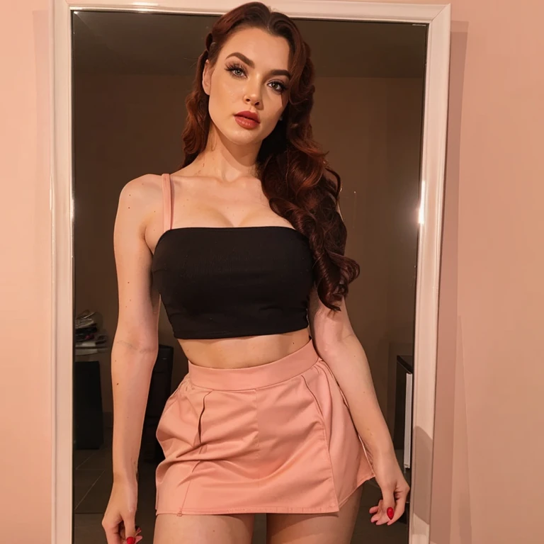 1girl, star eye, blush, perfect illumination, red hair, red eyes, unreal engine, sidelighting, detailed face, bangs, bright skin, simple background, dark background, One female, Posing for pictures standing in front of a mirror, hyper realistic, white European British woman, beautiful face, fire red hair, long straight hair, medium make up, green eye color, bright red smokey eyeshadows, huge eyelashes, red lips, big breasted, body figure slim thick , wearing t shirt mini striped skirt.