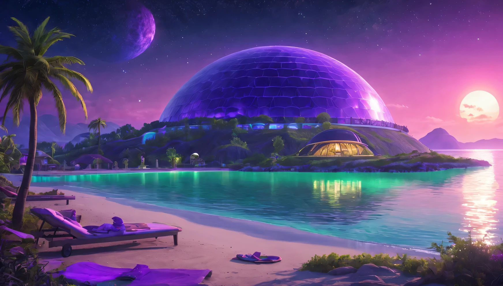 a scene from a holiday romance on the shore of a strange light green ocean, in the foreground are 2 alien life forms, enjoying the rays of the purple sun, in the background is an alien eco-friendly resort town under an energy dome, stars are visible in the dark sky behind the dome