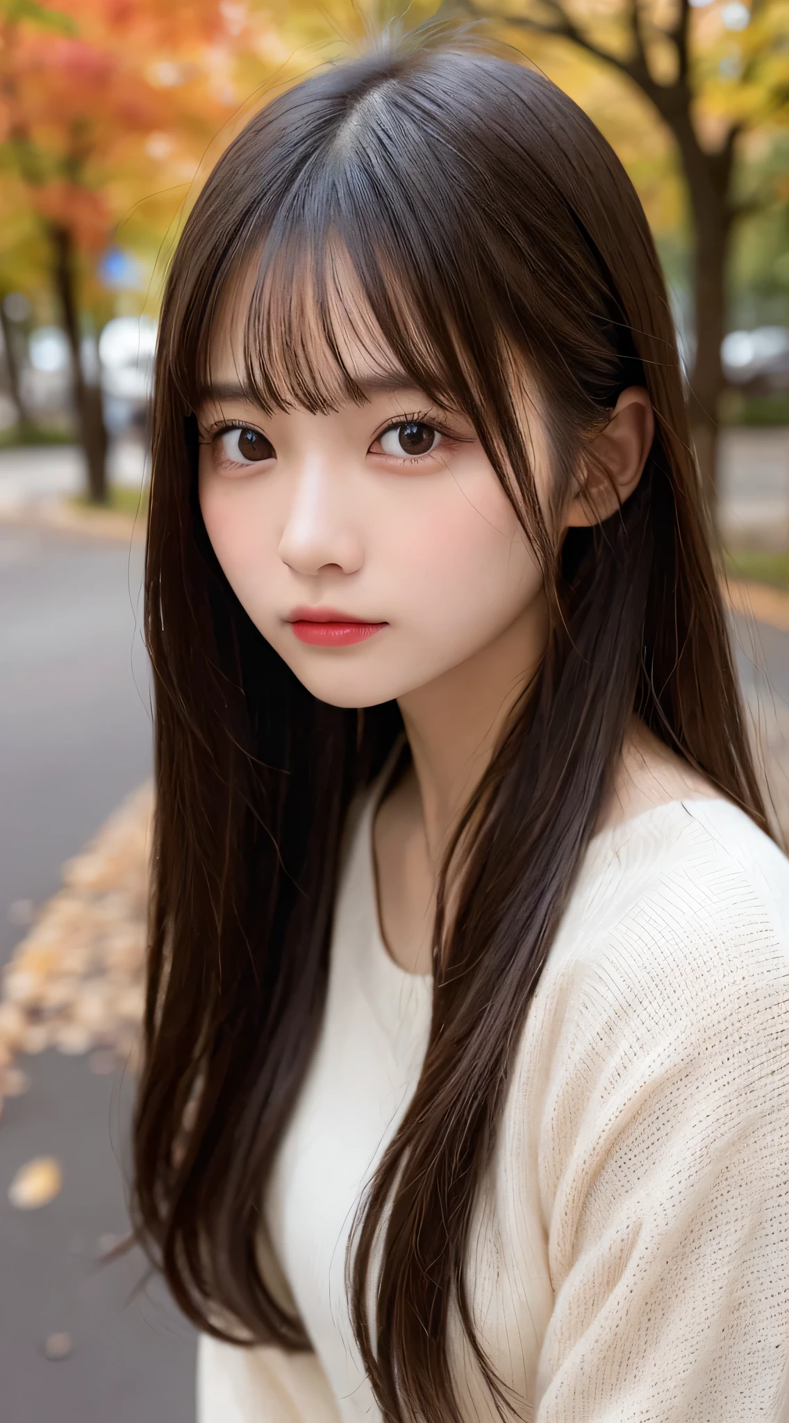 table top, highest quality, shape, Super detailed, finely, High resolution, 8k wallpaper, 完璧なダイナミックな構shape, beautiful and detailed eyes, レディースファッションautumn,medium hair,small breasts natural color lip,,Harajuku、20 year old girl、cute、sexy shot looking at camera、autumn's、Wood Bright、Transparency、Face of sadness、