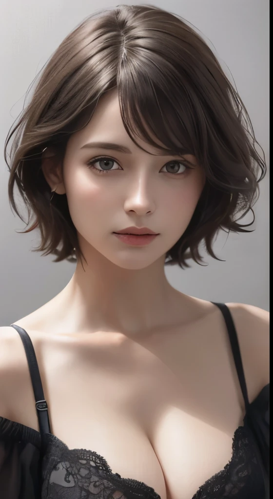 (Representative works:1.4)、(8k、photorealistic、RAW photo、Highest image quality:1.4)、(realistic skin)、(Charm、超High resolution、Super realistic、High resolution、）30 year old mature woman、small face、no makeup、A well-formed and beautiful face、short hair、dark brown hair、Detailed beautiful eyes、off shoulder、Bust B Cup、exposed cleavage、、cool pose、gray background、