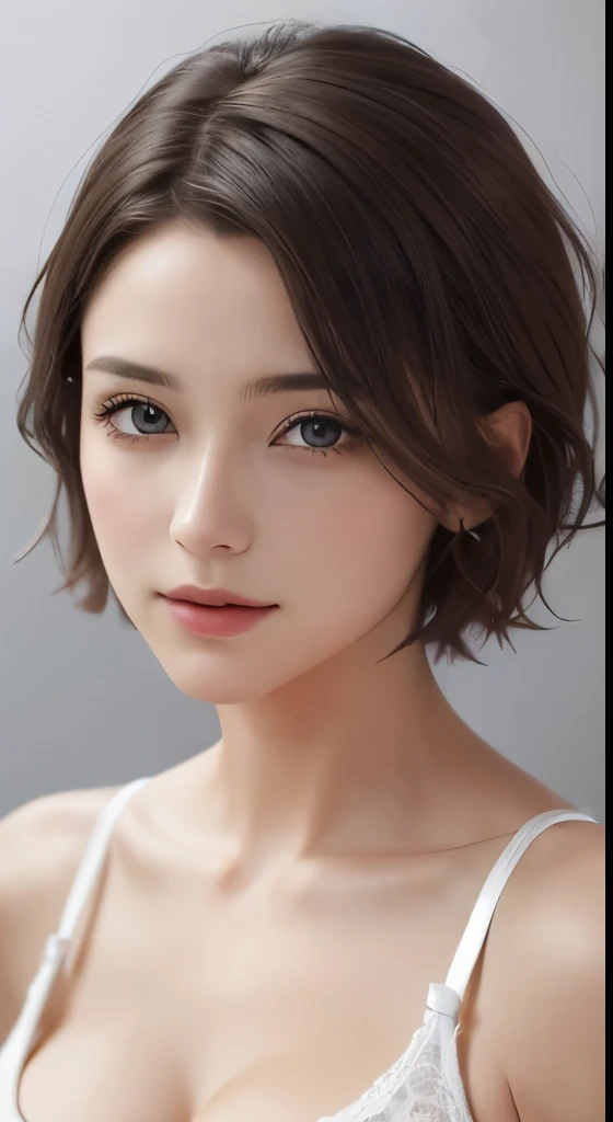 (Representative works:1.4)、(8k、photorealistic、RAW photo、Highest image quality:1.4)、(realistic skin)、(Charm、超High resolution、Super realistic、High resolution、）30 year old mature woman、small face、no makeup、A well-formed and beautiful face、short hair、dark brown hair、Detailed beautiful eyes、Bust B Cup、exposed cleavage、、cool pose、gray background、