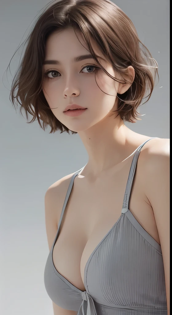 (Representative works:1.4)、(8k、photorealistic、RAW photo、Highest image quality:1.4)、(realistic skin)、(Charm、超High resolution、Super realistic、High resolution、)30 year old mature woman、small face、no makeup、A well-formed and beautiful face、short hair、dark brown hair、Detailed beautiful eyes、Bust B Cup、exposed cleavage、、cool pose、gray background、