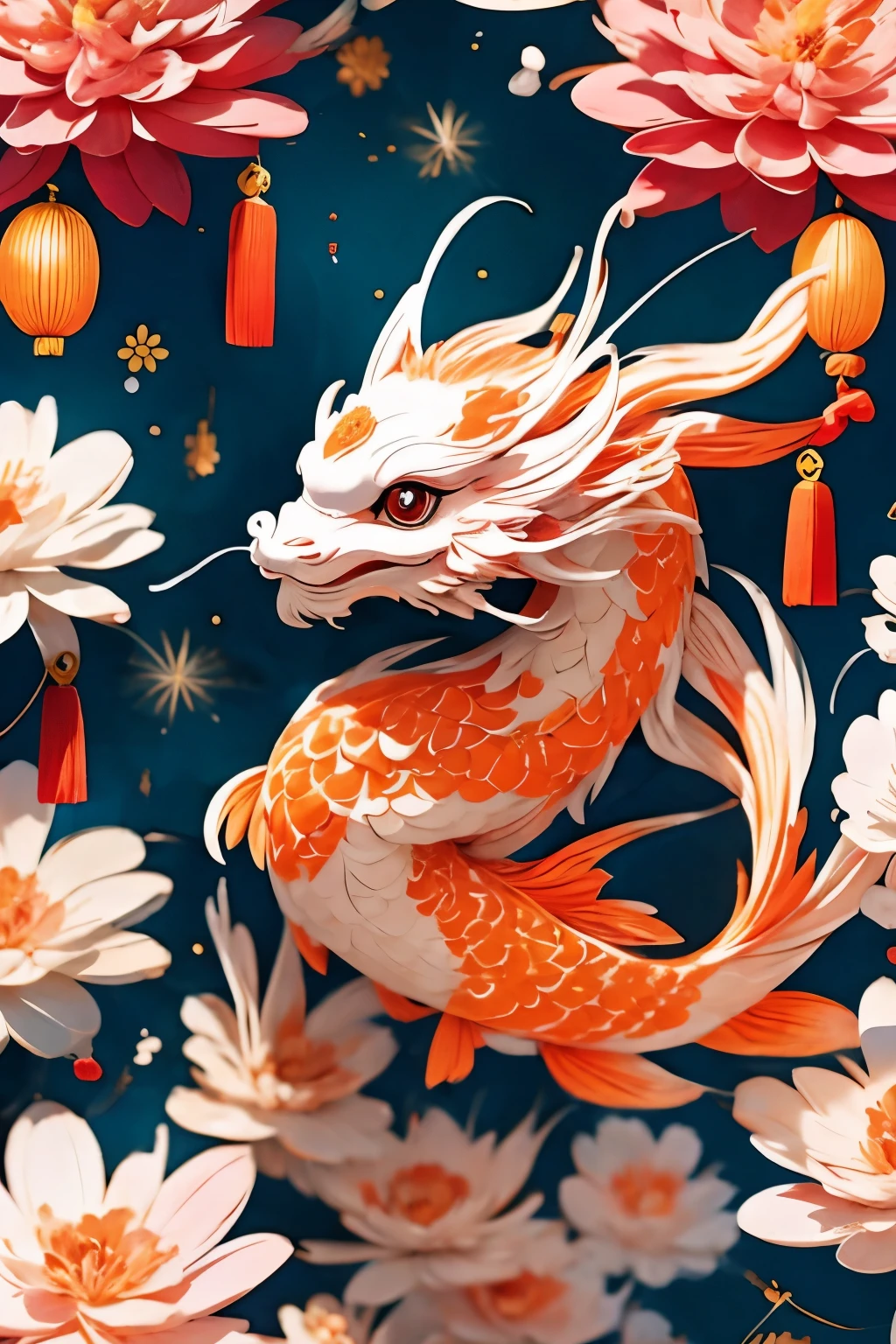 Koi fish surround cute chinese dragon, （（（Eyes are very delicate）））fireworks background，Chinese new year decoration，（（Lanterns or Chinese characters with auspicious meanings，For example, &quot;福&quot;、&quot;spring&quot;、&quot;wealth&quot; etc.。））（（（masterpiece）））， （（best quality））， （（intricate details））（8k）