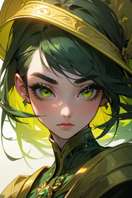 (highest quality, masterpiece:1.2), High resolution, Super detailed, realistic:1.37, fantasy, An illustration, green eyes、Yellow and green dresses、Platinum decoration、beautifully、Eyeshadow Red、dark eyebrows、long eyelashes、Pupils are black、Hair is light green