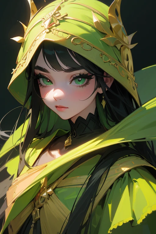(highest quality, masterpiece:1.2), High resolution, Super detailed, realistic:1.37, fantasy, An illustration, green eyes、Yellow and green dresses、Platinum decoration、beautifully、Eyeshadow Red、dark eyebrows、long eyelashes、Pupils are black、Hair is light green