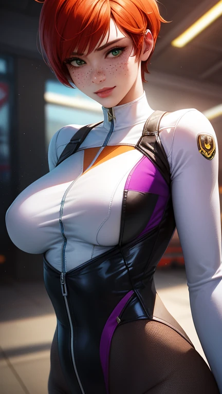 gwen tennyson,tracer,samus,rebecca chambers,overwatch,gundam,1girl,close up,mecha pilot,space port,purple plugsuit,pilot jacket,pirate corset, white long sleeve lycra top,white leggings,short hair,war makeup,green eyes,orange hair,purple highlights,shy smile,freckles,redhead,beautiful girl,large breasts,ultra detailed,realistic,fantasy art,