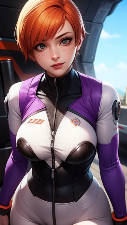 gwen tennyson,tracer,samus,rebecca chambers,overwatch,gundam,1girl,close up,mecha pilot,space port,purple plugsuit,pilot jacket,pirate corset, white long sleeve lycra top,white leggings,short hair,war makeup,green eyes,orange hair,purple highlights,shy smile,freckles,redhead,beautiful girl,large breasts,ultra detailed,realistic,fantasy art,