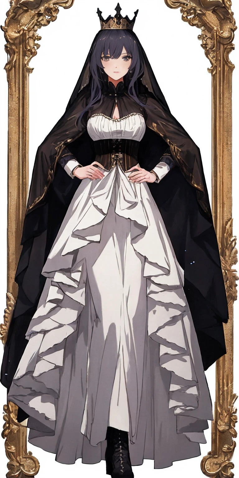 full body of a woman in a dress with a veil, feet together, standing feet together, militar boots, beautiful fantasy maiden slave warrior, beautiful fantasy art portrait, fantasy victorian art, medieval fantasy art, beautiful and elegant queen Roxxane, portrait of queen of light, fantasy portrait art, gothic fantasy art, a beautiful fantasy empress, ((white background)) hands on hips