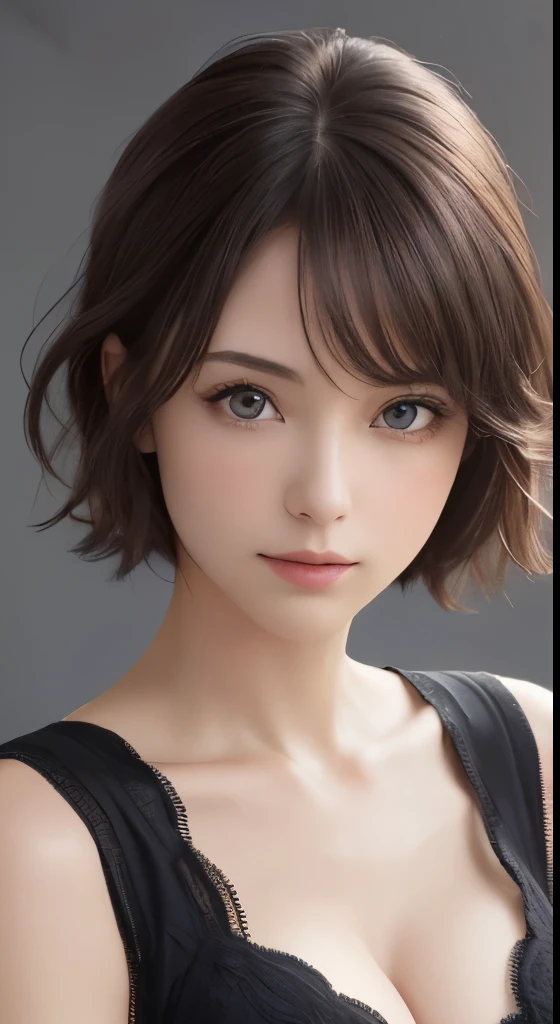 (masutepiece、highest quality、photorealistic、High resolution、photograph、:1.3)、Very close-up shot、sharp focus、30 year old mature woman、small face、no makeup、A well-formed and beautiful face、short hair、dark brown hair、Detailed beautiful eyes、Bust B Cup、exposed cleavage、、cool pose、gray background、