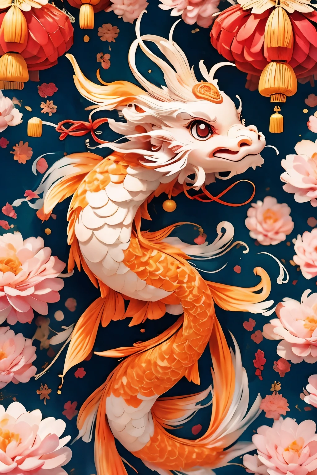 Koi fish surround cute chinese dragon, （（（Eyes are very delicate）））fireworks background，Chinese new year decoration，（（Lanterns or Chinese characters with auspicious meanings，For example, &quot;福&quot;、&quot;spring&quot;、&quot;wealth&quot; etc.。））（（（masterpiece）））， （（best quality））， （（intricate details））（8k）