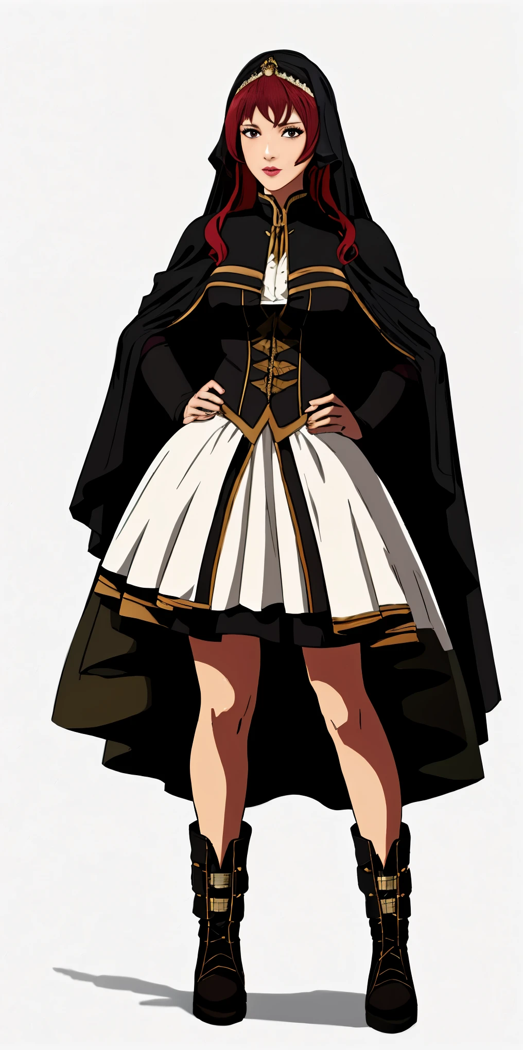 full body of a woman in a dress with a veil, feet together, standing feet together, militar boots, beautiful fantasy maiden slave warrior, beautiful fantasy art portrait, fantasy victorian art, medieval fantasy art, beautiful and elegant queen Roxxane, portrait of queen of light, fantasy portrait art, gothic fantasy art, a beautiful fantasy empress, ((white background)) hands on hips