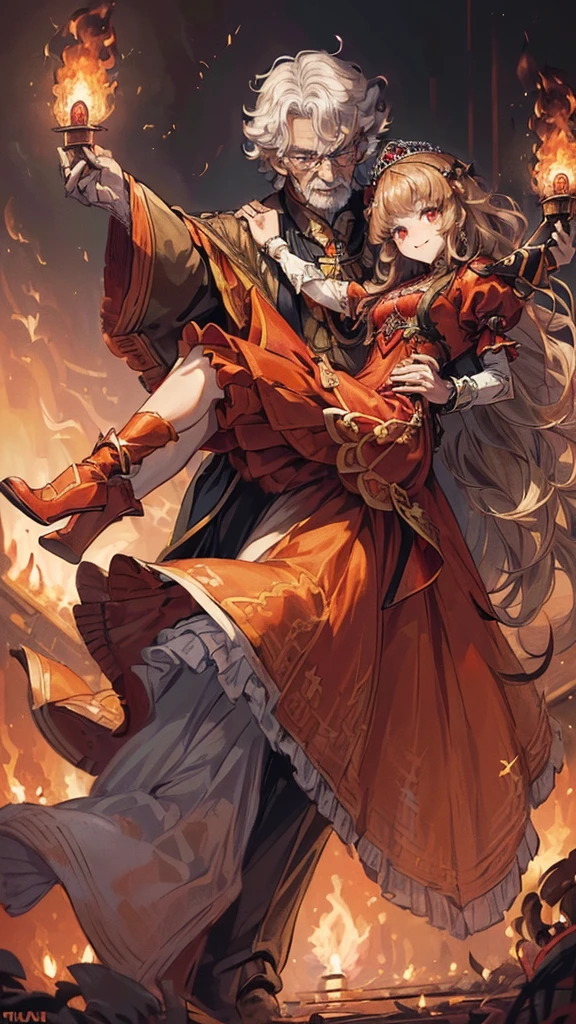 ((1 Ifrit is biggest gentleman 70 yo is doing princess carry to girl, with flame:1.4)), break, ((1 girl is human, she is curly long hair cute girl cute red eyes cute smile in a red princess dress)),  in the nighat, masterpiece, best quality, 8k, beautiful detailed grow, daydreaming expression:1.4.