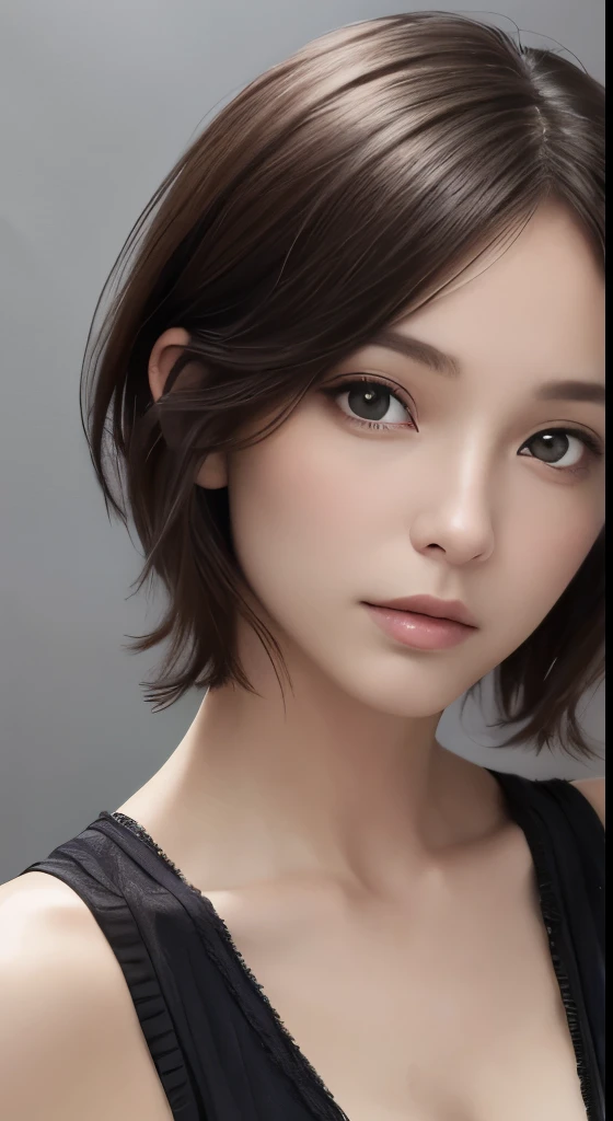 (masutepiece、highest quality、photorealistic、High resolution、photograph、:1.3)、Very close-up shot、sharp focus、30 year old mature woman、small face、no makeup、A well-formed and beautiful face、short hair、dark brown hair、Detailed beautiful eyes、Bust B Cup、exposed cleavage、、cool pose、gray background、