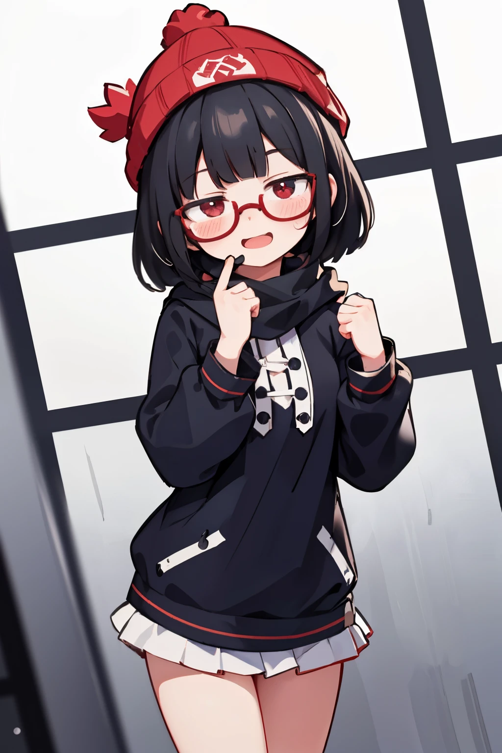 (masterpiece), insanely detailed, absurdres, ultra-highres, ultra-detailed, best quality, 1 girl, solo, nice hands, perfect hands, best quality, high quality, perfect-lighting, illustration, cute , detailed-face, detailed-body, small breasts, see the body, cowboy shot, anime moe artstyle, full body model, kawaii, black hair, fluffy cut hair, (short) red eyes, beautiful woman, 1 girl, solo, cute girl, blushing, expressive eyes, perfect face, happy smile, laugh, open mouth, black beanie, (black) fluffy cut black hair, black scarf,  random uniform, Round Glasses Black, smug face, by Canon EOS, SIGMA Art Lens 35mm F1.4, ISO 200 Shutter Speed 2000, random location, (cleavage:-1.5), 