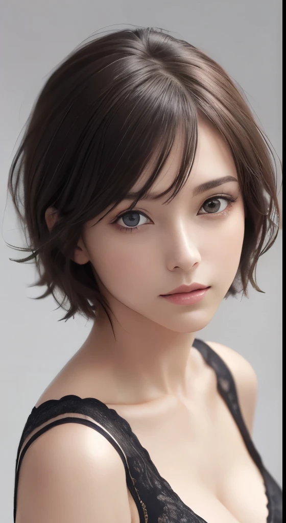 (masutepiece、highest quality、photorealistic、High resolution、photograph、:1.3)、Very close-up shot、sharp focus、30 year old mature woman、small face、no makeup、A well-formed and beautiful face、short hair、dark brown hair、Detailed beautiful eyes、Bust B Cup、exposed cleavage、、cool pose、gray background、