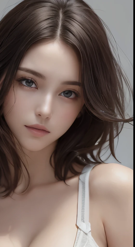 (masutepiece、highest quality、photorealistic、High resolution、photograph、:1.3)、Very close-up shot、sharp focus、30 year old mature woman、small face、no makeup、A well-formed and beautiful face、short hair、dark brown hair、Detailed beautiful eyes、Bust B Cup、exposed cleavage、、cool pose、gray background、