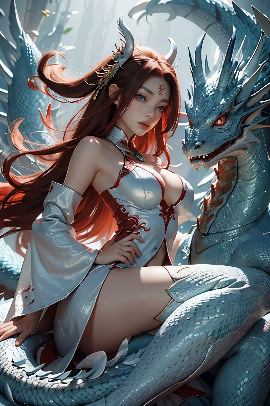 A red and white Chinese Oriental dragon, with delicately textured hair and scales that shimmer under the light, elongated body undulating gracefully, and big, captivating blue eyes that sparkle with intelligence and mystery. The dragon sits majestically against a clean and uncluttered background, allowing its intricacies to fully capture the viewer's imagination.