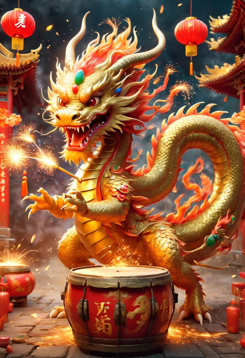 llustrate a single, cute, anthropomorphic Chinese golden dragon using its claws to vigorously play a large drum, which is decorated with the Chinese character \u798f (Fu) for fortune. The background should depict a festive and joyous Chinese New Year atmosphere, complete with traditional Chinese architecture, fireworks, firecrackers, lanterns, and Spring Festival couplets. Focus on the dynamic movement of the golden dragon playing the drums, capturing its joyful and delighted facial expression，卡通片, (皮克斯风格), 日本动画片, (8k, 有趣的, super detail, anatomically correct, award winning, best quality)