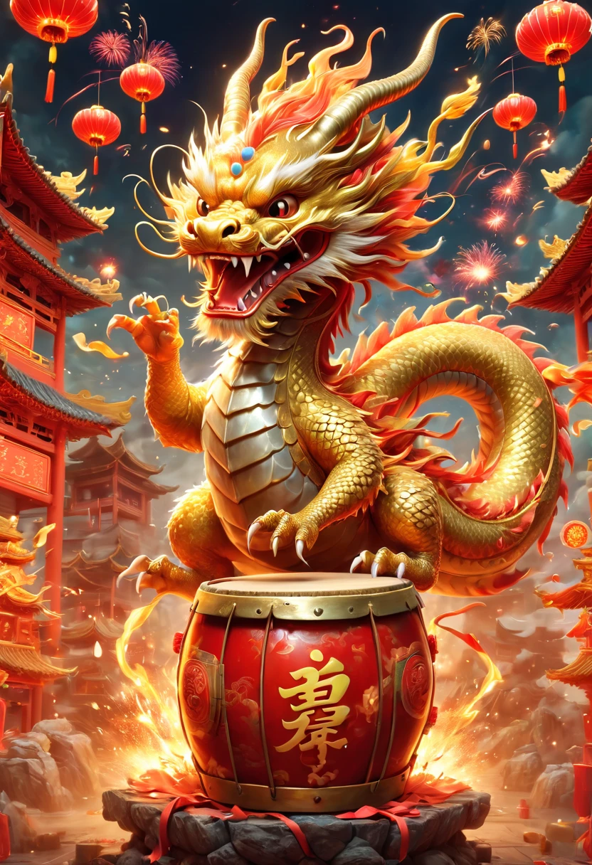 llustrate a single, cute, anthropomorphic Chinese golden dragon using its claws to vigorously play a large drum, which is decorated with the Chinese character \u798f (Fu) for fortune. The background should depict a festive and joyous Chinese New Year atmosphere, complete with traditional Chinese architecture, fireworks, firecrackers, lanterns, and Spring Festival couplets. Focus on the dynamic movement of the golden dragon playing the drums, capturing its joyful and delighted facial expression，卡通片, (皮克斯风格), 日本动画片, (8k, 有趣的, super detail, anatomically correct, award winning, best quality)