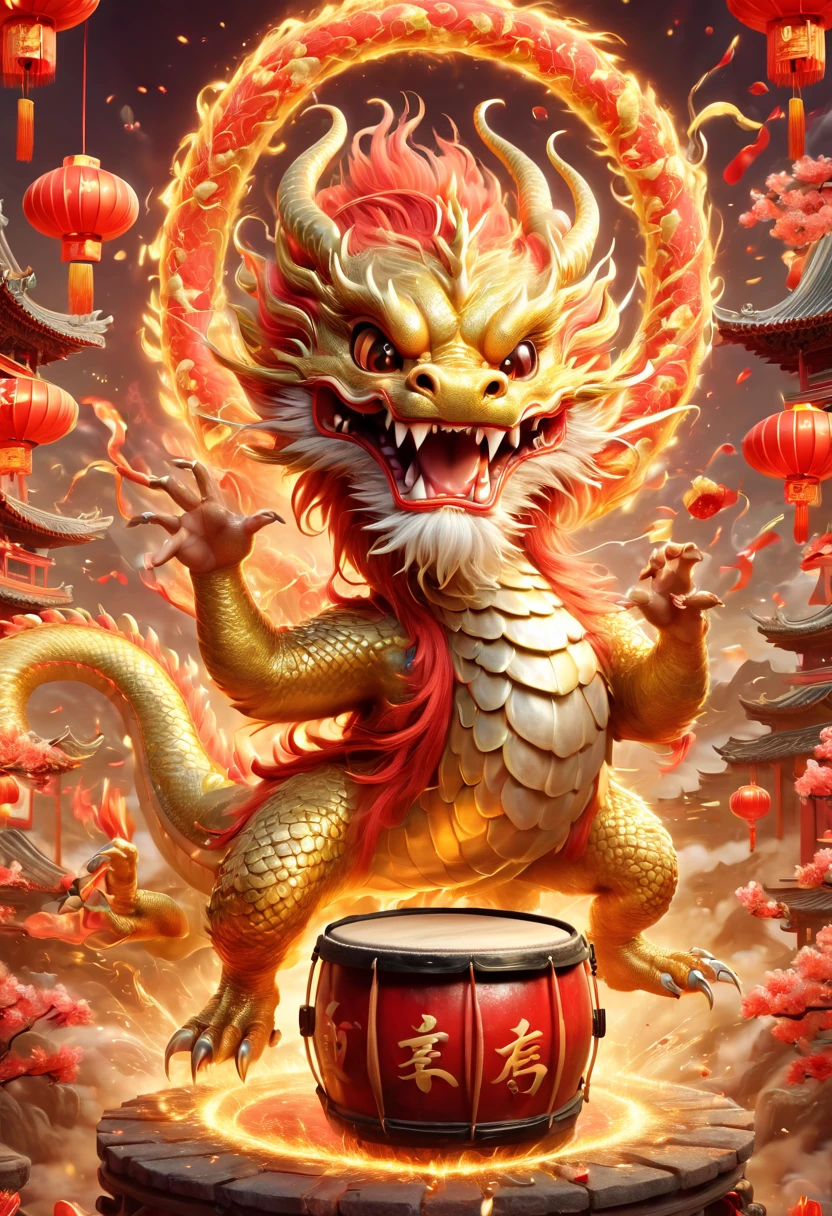 llustrate a single, cute, anthropomorphic Chinese golden dragon using its claws to vigorously play a large drum, which is decorated with the Chinese character \u798f (Fu) for fortune. The background should depict a festive and joyous Chinese New Year atmosphere, complete with traditional Chinese architecture, fireworks, firecrackers, lanterns, and Spring Festival couplets. Focus on the dynamic movement of the golden dragon playing the drums, capturing its joyful and delighted facial expression，卡通片, (皮克斯风格), 日本动画片, (8k, 有趣的, super detail, anatomically correct, award winning, best quality)