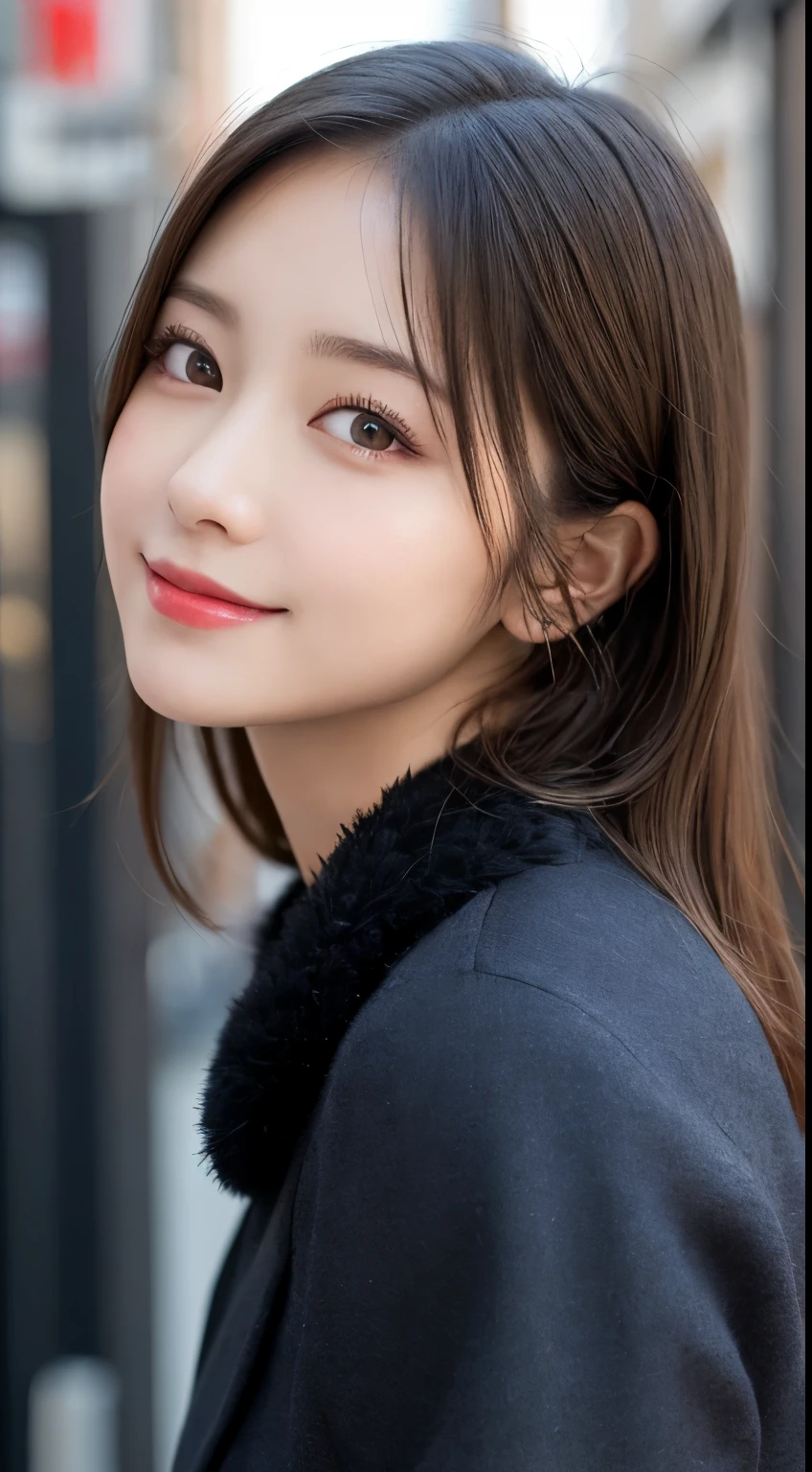 table top, highest quality, shape, Super detailed, finely, High resolution, 8k wallpaper, 完璧なダイナミックな構shape, beautiful and detailed eyes, tokyo trend冬ファッション,tokyo trend&Introducing cute hairstyles at random, small breasts, natural color lip, random sexy pose,cute smile,20 year old girl、beautiful and detailed face、perfect and beautiful face,Big eyes、Wear fluffy black outerwear with fur、beautiful detailed face、perfect and beautiful double eyelids、blur the background、perfect and beautiful face、Feminine poses、blur the background、slim face and style、Blur background