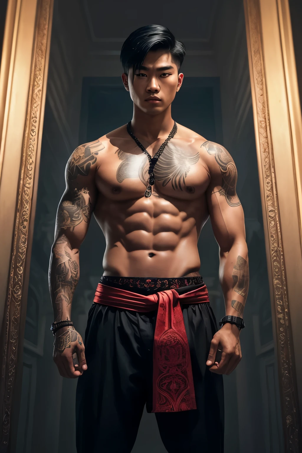 A man with tattoos and a red tie standing in front of a mirror - SeaArt AI