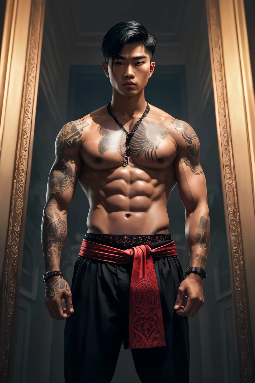 Masterpiece, Young Asian Man, His toned abdominal muscles were prominently displayed., Covered in intricate full-body tattoos. , Black cloth pants with a vibrant red sash tied around his waist., Standing defiantly in the pouring rain., His intense red eyes reflected a fierce determination., A glowing aura surrounded his fist as he prepared to strike., Sweat dripped off his chiseled features., Shot in the highest realism with meticulous detail., Behind him, a menacing shadow loomed., Cast by the ominous figure of a demon with piercing red eyes., Captured using a DSLR camera with Super 35 HDR technology., Ill