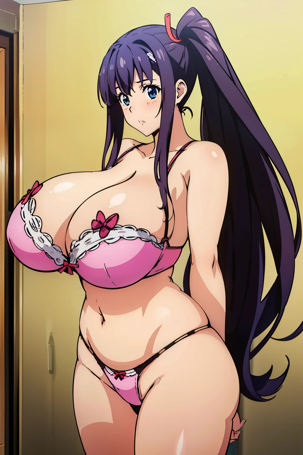 Anime cel drawing style, Best Quality, High resolution, (gigantic breasts:1.8), (bra), (Highleg Panties Thong), blue eyess, Purple hair, Bangs, Side Ponytail, Hair Ornament, embarrassed, fear, looking at viewer, ((Full body)), (cowboy shot:1.6), (bedroom), (take a photo of the whole:1.6), (gravure pose), (Gravure photography), (grabbing from behind), (Breast Lift)