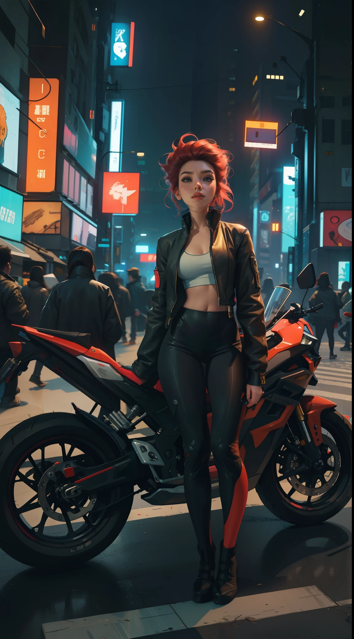 masterpiece, best quality, Confident cyberpunk girl, full body shot, ((standing in front of motorcycle)), Harajuku-inspired pop outfit, bold colors and patterns, eye-catching accessories, trendy and innovative hairstyle, vibrant makeup, Cyberpunk dazzling cityscape, skyscrapers, neon signs, LED lights, bright and vivid color scheme, anime, illustration, detailed skin texture, detailed cloth texture, beautiful detailed face, intricate details, ultra detailed