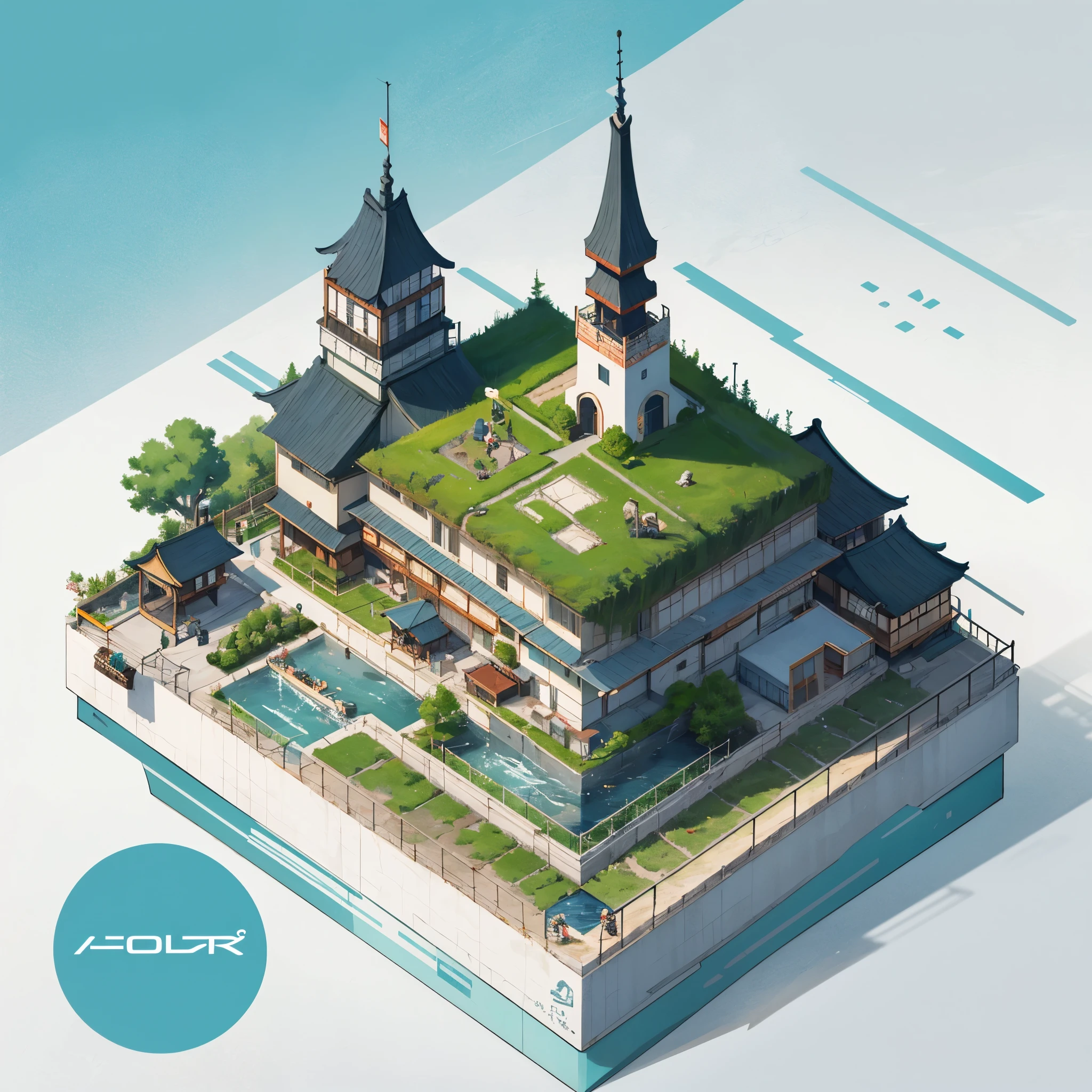 A 3D isometric view of a japanese, in the style of texture-rich landscapes, cute cartoonish designs, clean and streamlined, subtle gradients, grid-based, captivating, isolate on white,