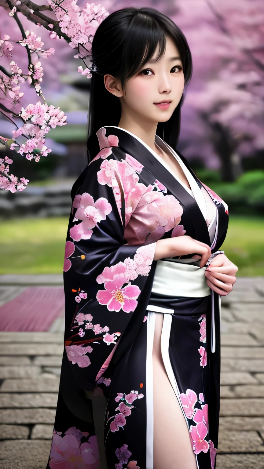 最high quality、high quality、best image quality、8K、最High resolution、High resolution、最high quality、masterpiece、Realistic human body with detailed details、Realistic skin in every detail、Realistic face in every detail、Realistic eyes in every detail、Realistic lips in every detail、Realistic teeth in every detail、Realistic ears with attention to detail、Realistic hair with detailed details、Realistic arms with attention to detail、Realistic hands with attention to detail、Realistic fingers with attention to detail、(fine hands、thumb１reference４)、Realistic legs with attention to detail、Realistic feet with attention to detail、((beautiful japanese girl))、(japanese model), (japanese woman)、((18 year old beautiful girl))、(black hair)、(straight hair)、((whole body))、((Upward beautiful breasts、Medium chest))、(slim style、slender style)、(whole body光沢肌、Fair skin)、Detailed and realistic human body、detailed realistic skin、detailed realistic face、detailed realistic arms、Detailed realistic fingers、Detailed realistic feet、soft natural light、samurai kimono、maiko kimono、servant、geisha kimono、japanese kimono、Furisode、kimono、Yukata、japanese traditional、Samurai Residence、Japanese garden、((colorful transparent vinyl(flowery kimono、Hakama with side slits))、((Under the cherry blossom tree in full bloom(Poses that make your thighs look sexy))