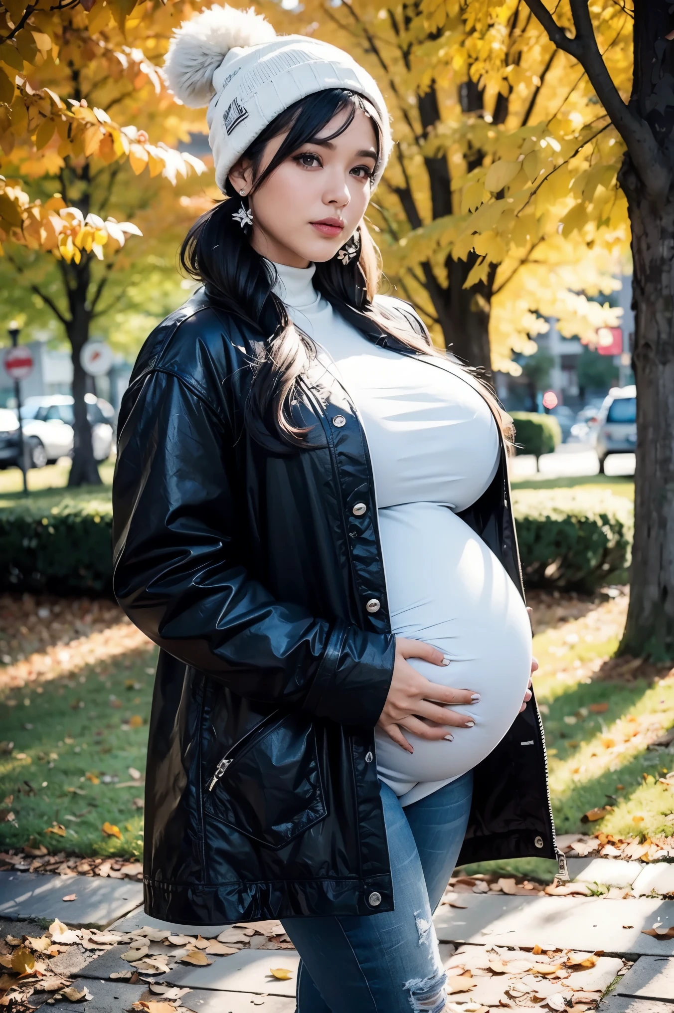 Black leather coat, big belly, brown hair, holding belly